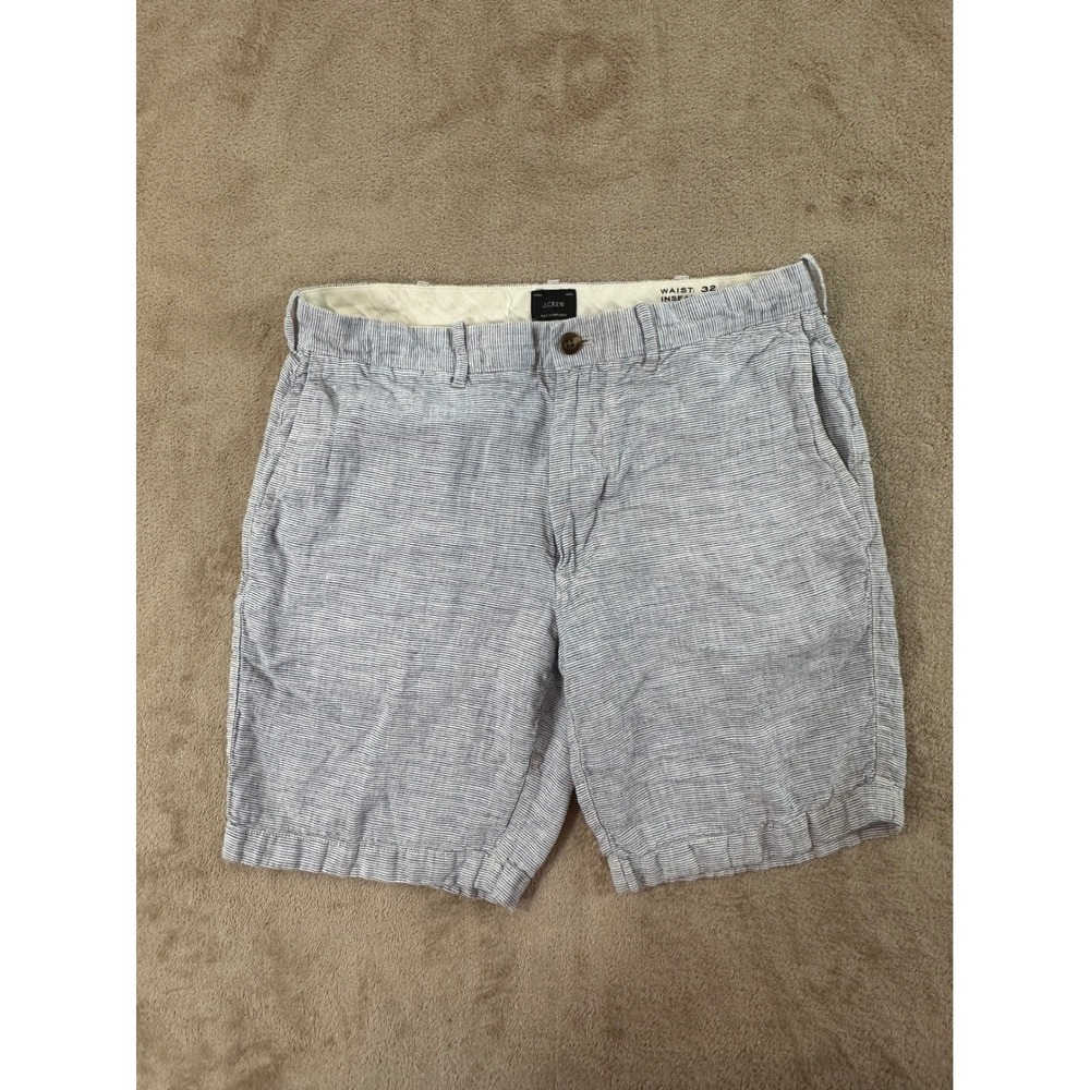 J.Crew Seersucker Linen Shorts 9" Men's Size 32 Blue White Ticking Stripe EUC